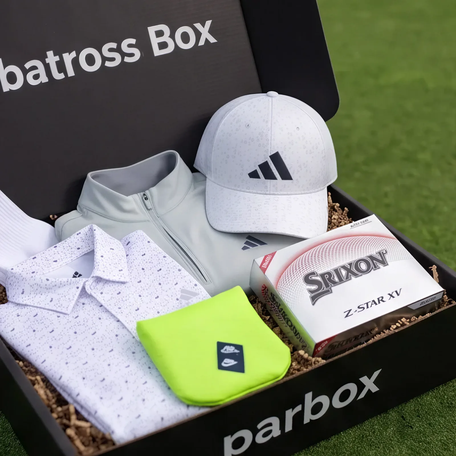 Albatross Box contents close-up: adidas cap and polo, quarter-zip, Nike socks and Srixon golf balls